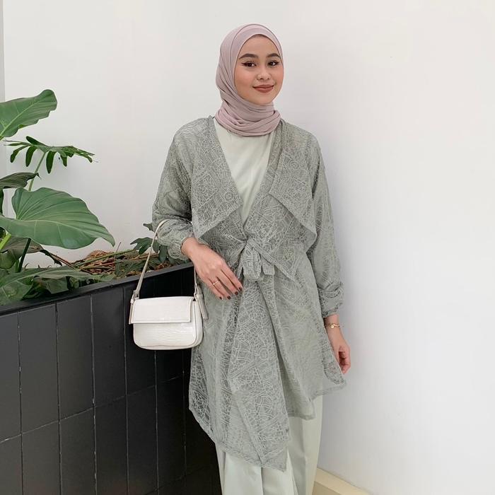 Outer Brukat Wanita Lengan Panjang Model Ivona Warna Sage Green