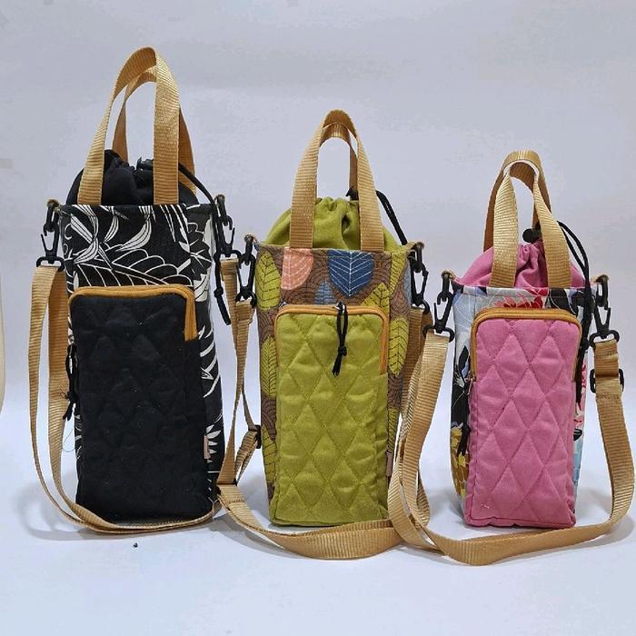 Ada Stok Tas Botol Minum Kantong Hp Bahan Kanvas Kombinasi Kain Suede Polos Penutup Tali Serut dan