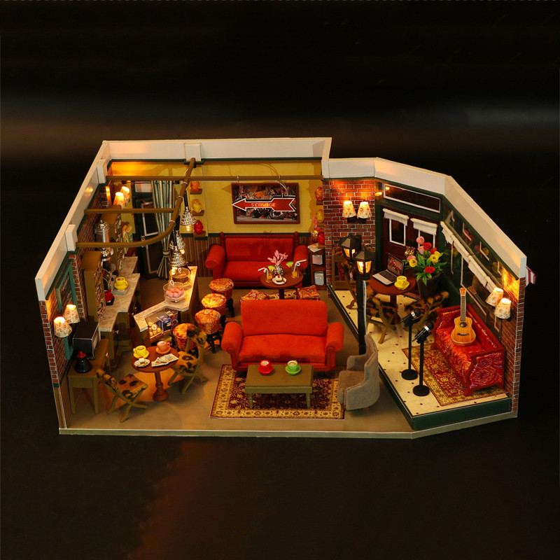 DIY Wooden Friends New York Cafe Cottage Doll Houses Miniature Model Kits Dollhouse with Furniture
