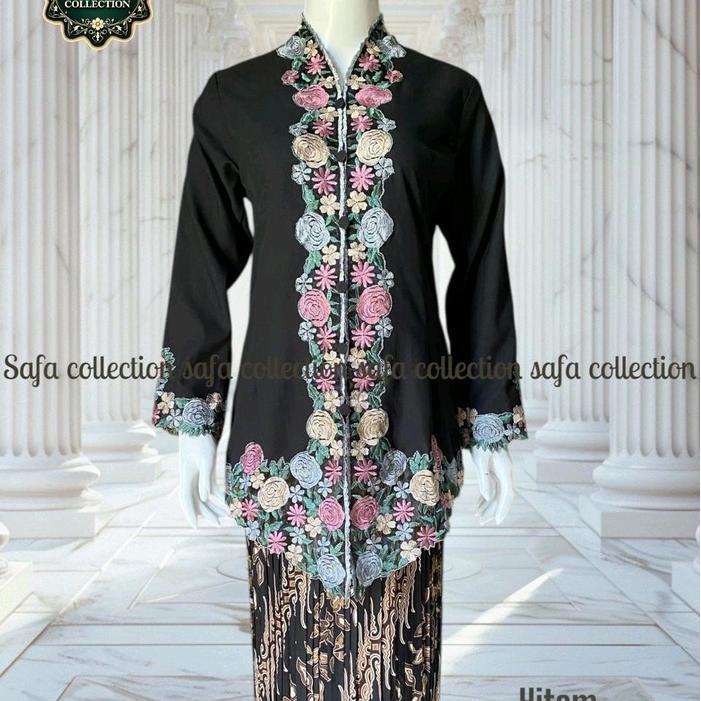 Kebaya Encim Bordir Bunga Bolero Katun Nyaman untuk Orang Gemuk Berhijab - Hitam, M (LD 95)