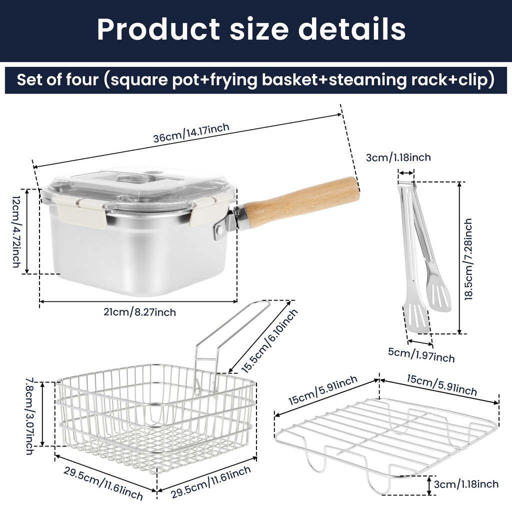 Deep Fryer Pot Stainless Steel Frying Pan Oil Saving Square Deep Frying Pan with Basket and Handle
