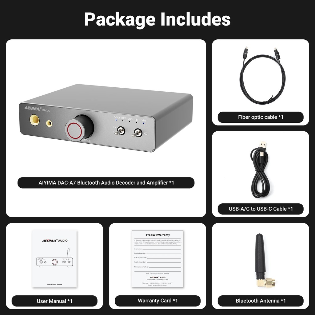 AIYIMA Audio DAC-A7 Mini Stereo Audio Decoder Headphone Amp Bluetooth 5.4 ES9038Q2M for Desktop