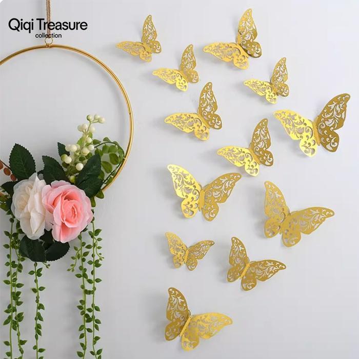 12PCS Stiker Dinding Kupu-Kupu 3D /Hiasan Kupu-Kupu Warna Gold Emas/Kupu Kupu Hiasan Dinding