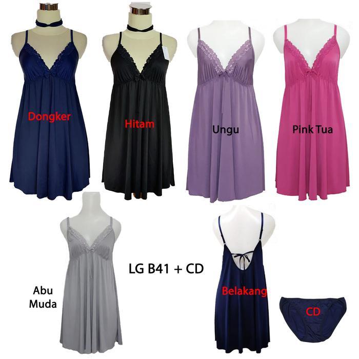 LG B41 + CD Baju Tidur Wanita Linge Panjang Dress & Celana Dalam Satin Lembut All Size Hitam Pink