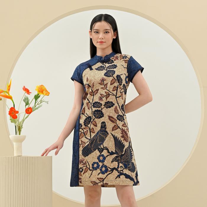 Batik Wanita Model Dress Batik Wanita Model Cheongsam Lengan Pendek Navy Ukuran Standar Model Cheong
