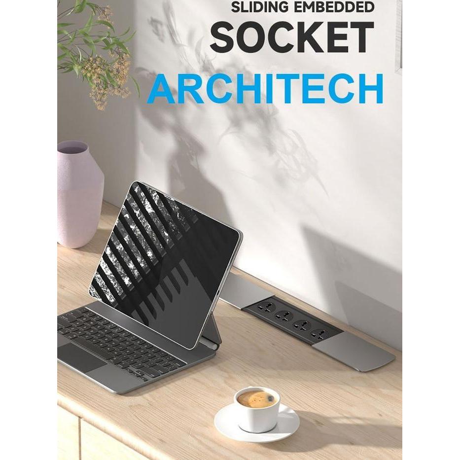 Architech Mj02-C06 Universal Stop Kontak Meja 4 Stopkontak Multi 3Pin Universal Black #Gratisongkir