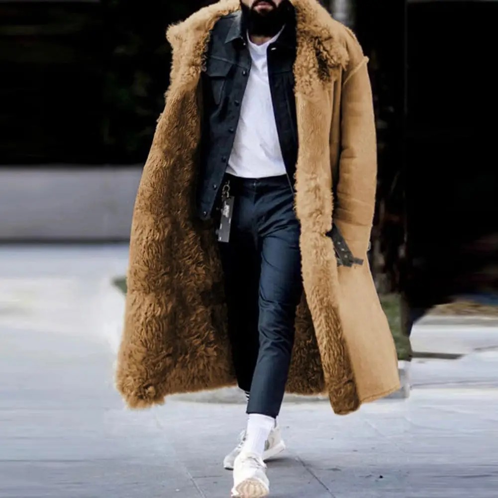 2025 Winter Men Long Plush Lined Jacket Autumn Plush Thick Coats Trendy Winter Overcoat Faux Fur Fau
