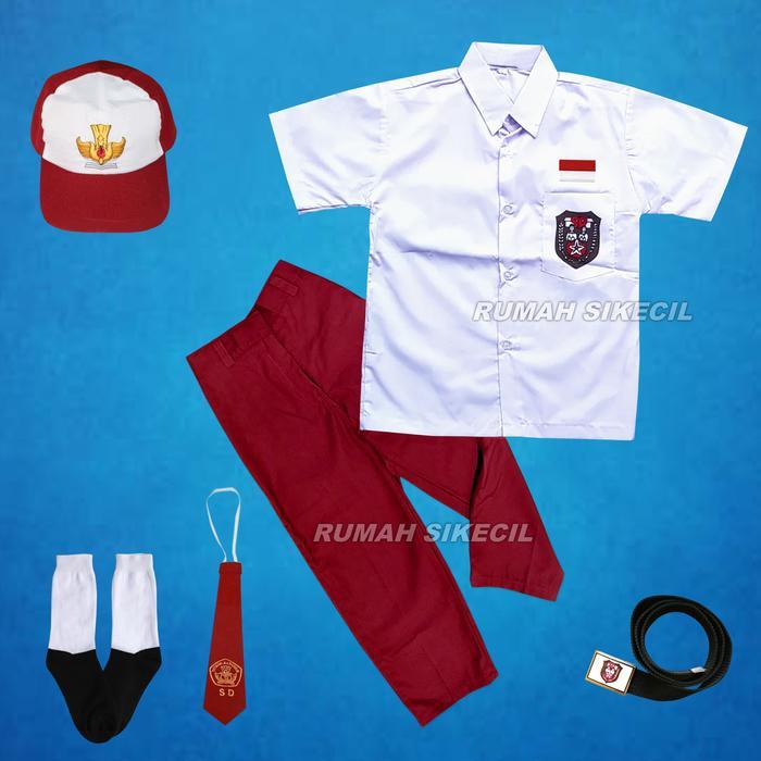 Setelan Seragam SD Merah Putih Lengkap Baju Putih Celana Merah untuk Anak Laki-Laki - Topi Merah Put