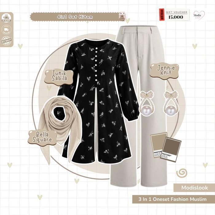 SPECIAL LAGI VIRAL Ootd One Set Outfit Muslimah ( Bella Square Ivory + Atasan Tunik Sabila Hitam +