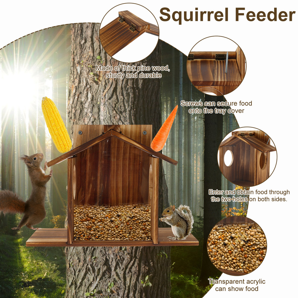 Wooden Squirrel Feeder Large Capacity Squirrel Feeder House with Roof Squirrel Feeding Stations