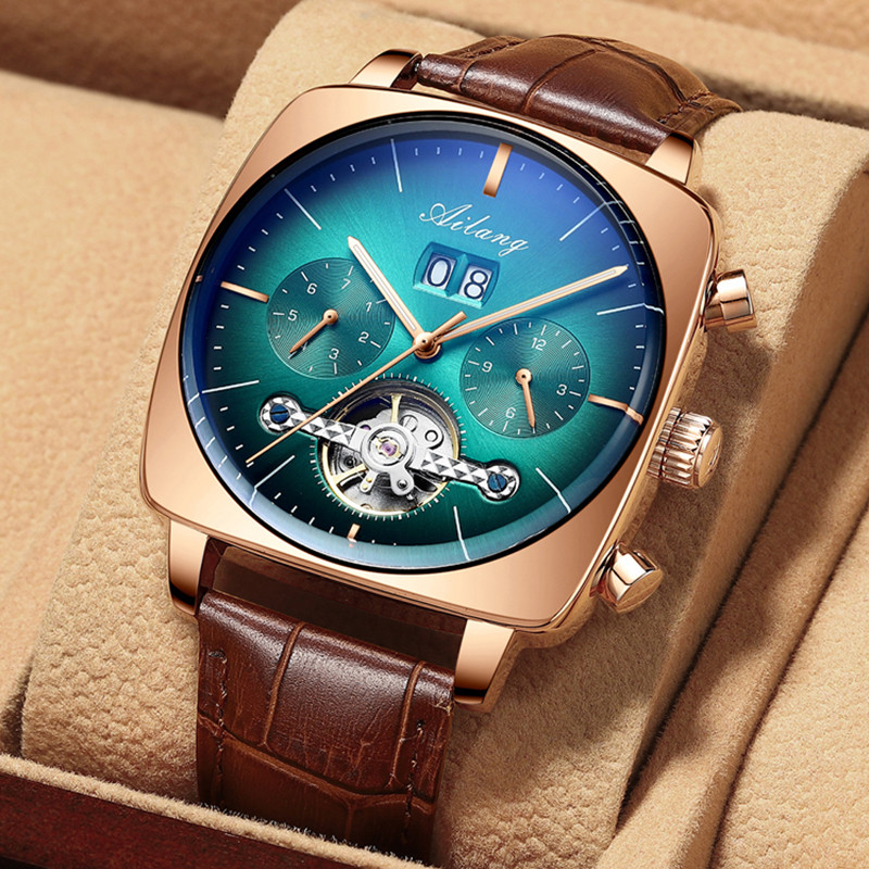 Ailang Men's automatic mechanical watch square case hollow waterproof luminous calendar