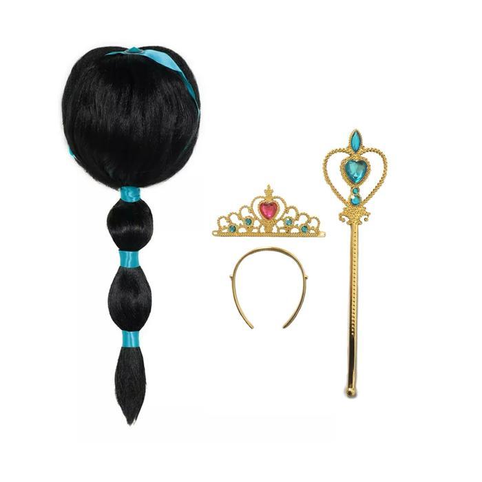 Wig Rambut Panjang dengan Mahkota dan Tongkat untuk Anak Perempuan - Set Aksesoris Kostum