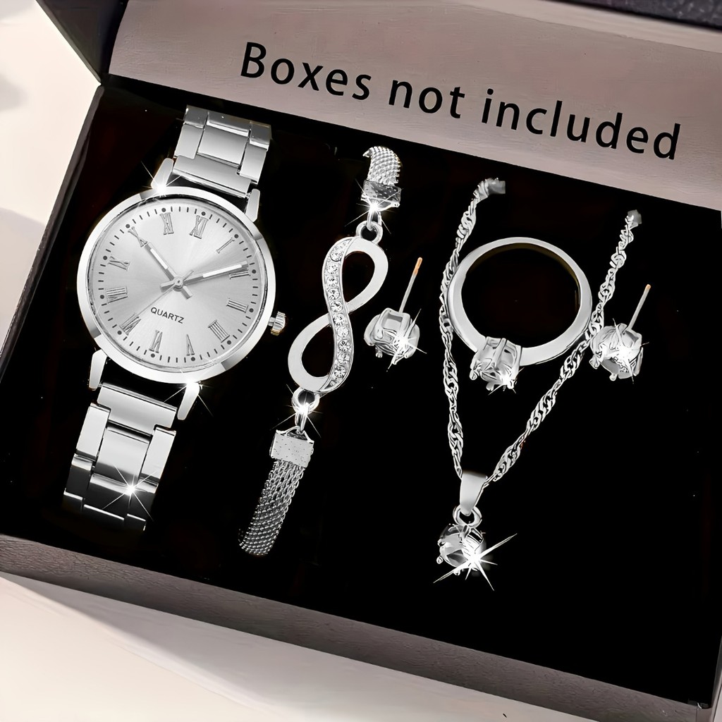 6PCS Women Watch Jewelry Set - Fashion Quartz Watch + Crystal Infinity Bracelet Necklace Earring