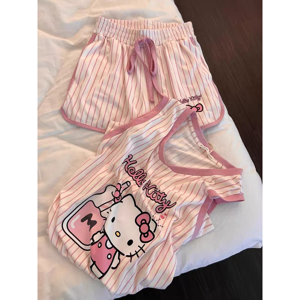 Sanrio Hello Kitty Pajama Set Anime Women's Summer Vest Shorts Suit Leisure Pink Cartoon Stripe