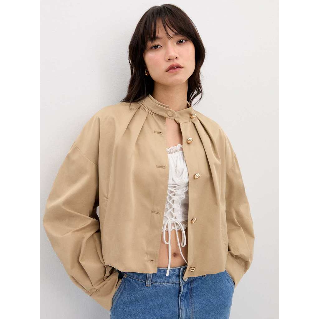 Pomelo. Pleated Cropped Jacket - Brown