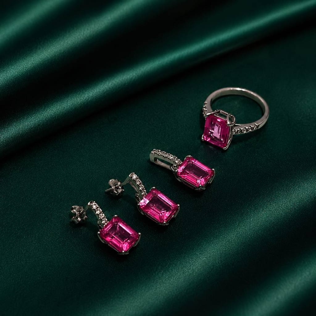 Crimson Pink Topaz Set by Gemarae | Batu Permata Asli | Natural Pink Topaz Cincin Anting Liontin Kal