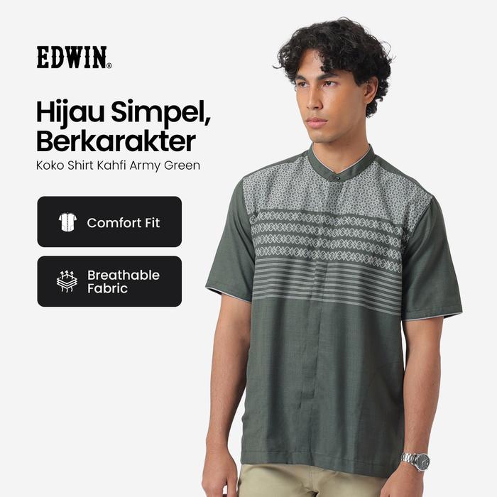 Edwin Jeans - Kemeja Koko Pria Lengan Pendek Kahfi Army Green Baju Muslim Pria Pasti Promo