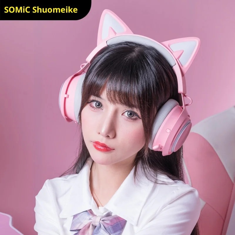 Somic GS510 Gamers Headphone With Microphone Cat Ears Rgb Light Colorful Cute Headset Noise