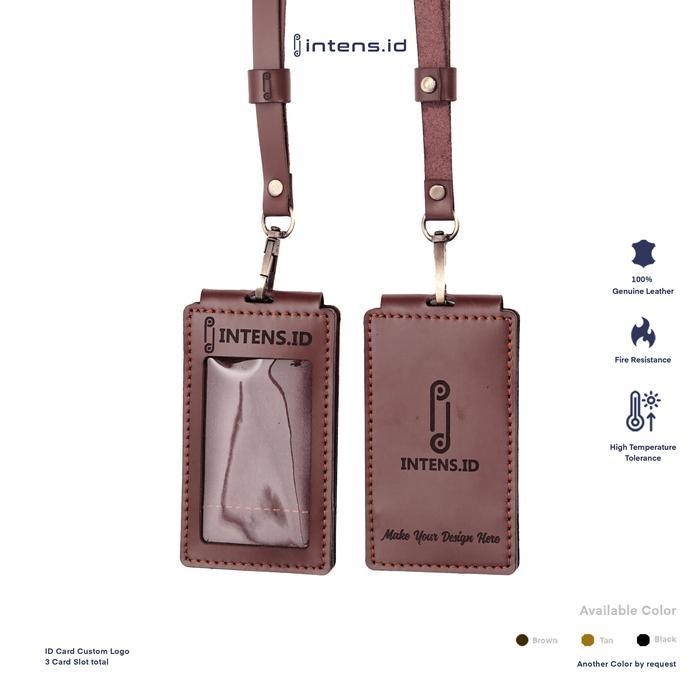 Intens.Id Gantungan Id Card Holder Kulit Asli + Tali Name Tag Kulit Asli Lanyard Id Card Kulit