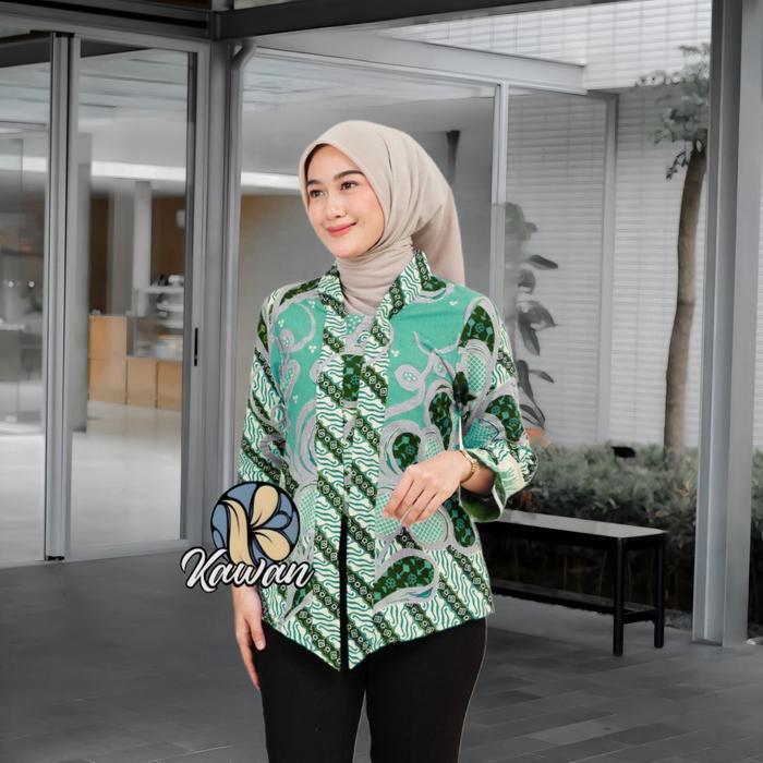 Kebaya Batik Atasan Wanita Resleting Depan Warna Hijau Sage Model Kutubaru - M