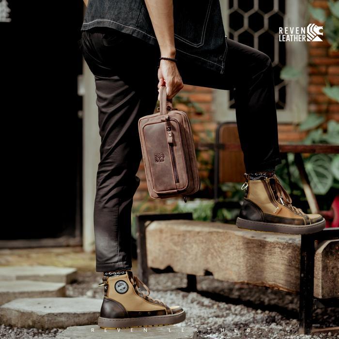 REVEN NAKULA Tas Tangan Clutch Pouch Handbag Pria Pouch Kulit - Brown