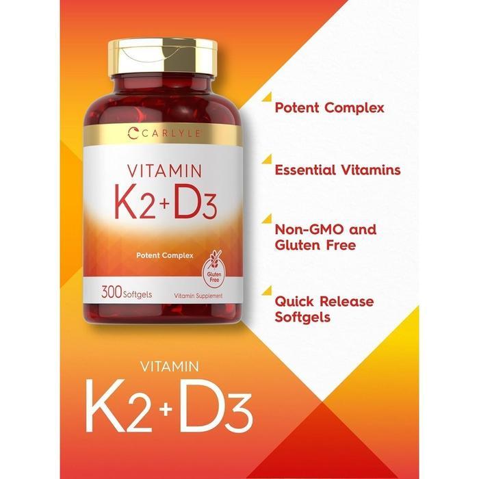 Promo Vitamin D3 10000 Iu K2 Mk7 200 Mcg Carlyle 300 Softgels Vit D3K2 D3+K2 Softgel Bone 10000Iu