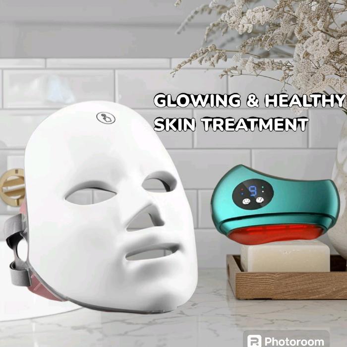 PAKET TREATMENT 7 LED MASK GUASHA ELECTRIK BIANSTONE ALAT PEGENCANG WAJAH GLOW SKIN TREATMENT