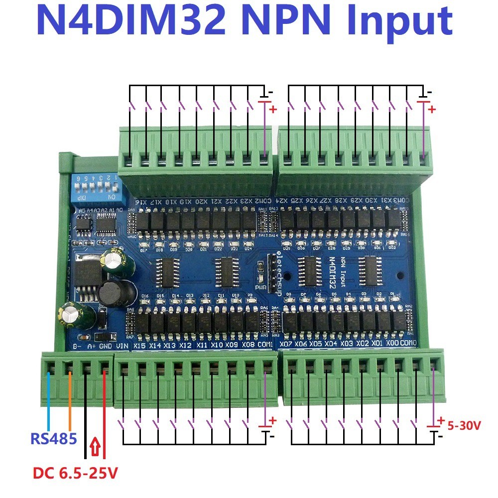 DC 12V 24V PLC Switch Quantity Acquisition Board 32 Channel PNP NPN Isolated Digital Input RS485