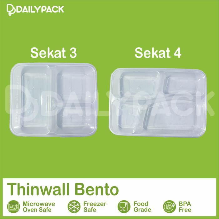 Thinwall Bento Flat / Dome + Tutup / Thinwall Bento Sekat / Food Container - Sekat 3 Flat