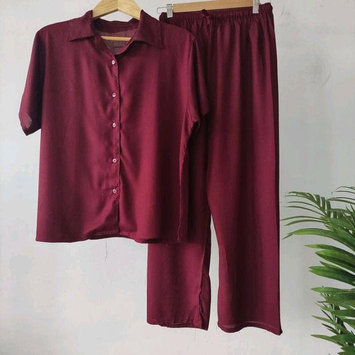 Setelan Wanita Kancing Lengan Pendek Rayon Polos Ld90 Sampai Ld150 Baju Tidur Nyaman Setelan Piyama