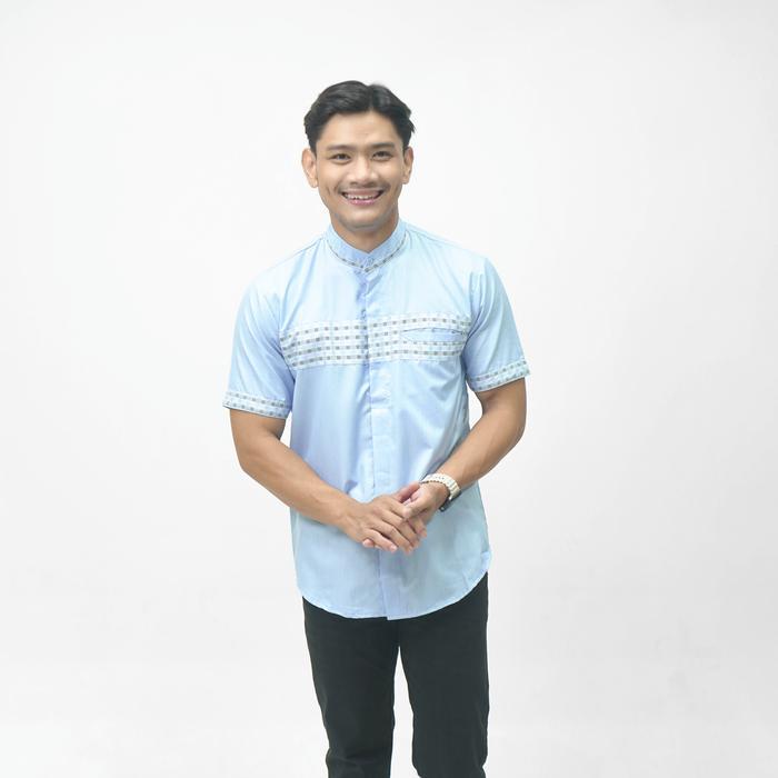 BAPIN Koko Pria Baju Koko Pria Lengan Pendek Katun Lembut Motif Elegan Warna Baby Blue Ukuran M Pria