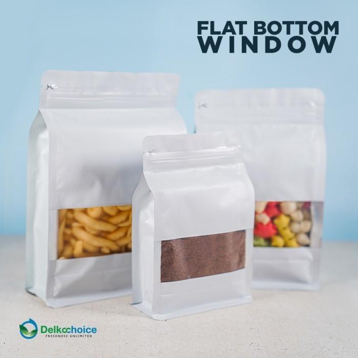 STANDING POUCH FLAT BOTTOM WINDOW WHITE ALUMUNIUM FOIL DELKOCHOICE