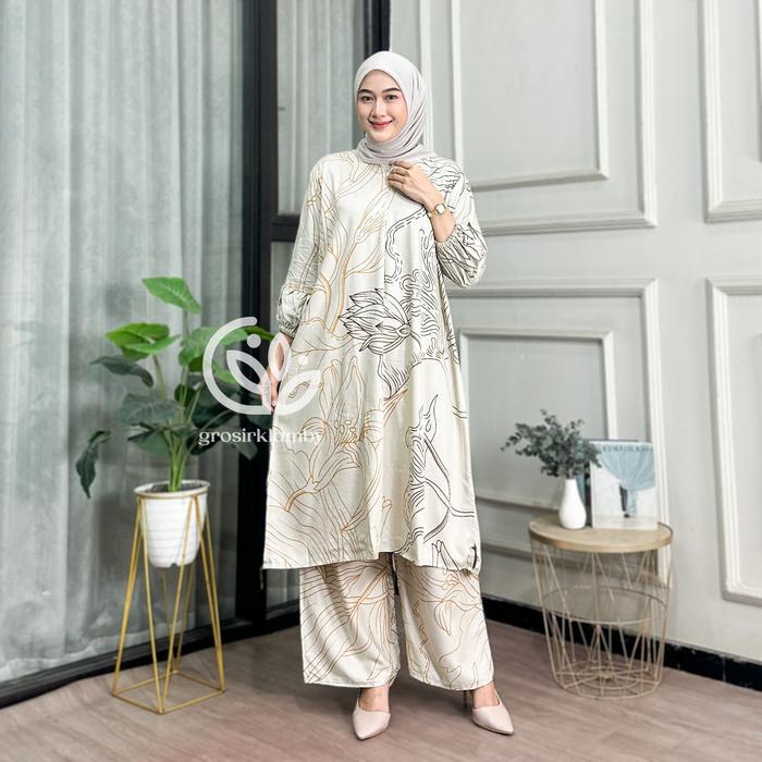 One Set Tunik Clara Rayon Batik Premium Jumbo Rempel Busui Atasan Bawahan Wanita Celana Kulot