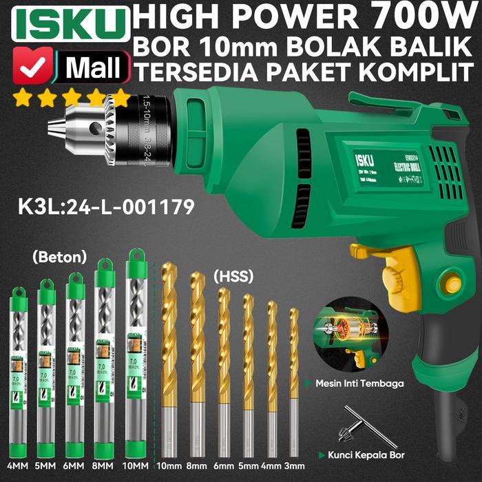 Isku Mesin Bor Listrik Tangan 10Mm 700W Bor Kayu Besi Baja Ringan Plafon Pvc Tembok Bata Electric