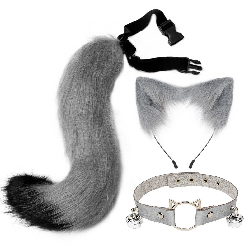 for CAT Ears Headband Tail Leather Necklace Set Cosplay Headpiece Accessories