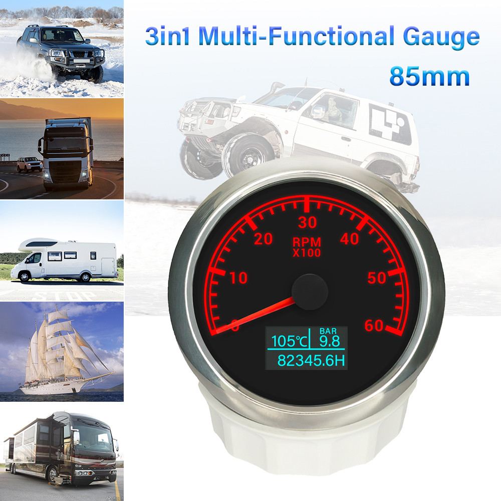Rhaxel 85mm Tachometer 3000RPM 4000RPM 6000RPM 7000RPM 8000RPM with Oil Pressure Water Temp with