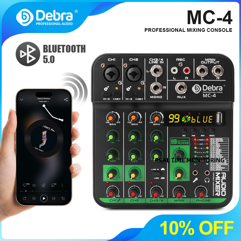 Debra MC-4 Digital Mixer 4 Channel with 99 DSP Reverb Effects Bluetooth USB Playback Headphone