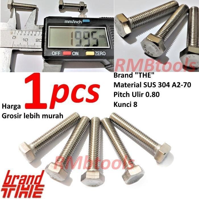 M5X20 BAUT HEX STAINLESS STEEL 304 GRADE A2-70 PITCH 0.80 KUNCI 8 M5