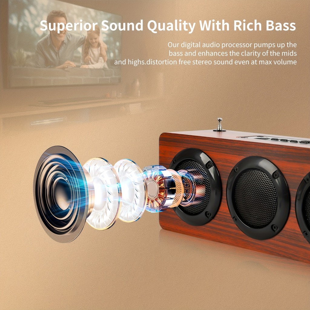 Portable bluetooth speaker, retro wooden speaker, loud wireless wooden speaker with bass, suitable