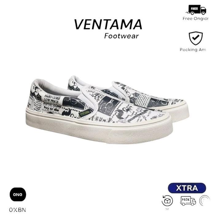 VENTAMA - Slip On Lovers White Black Sepatu Sneakers Casual Pria Wanita dengan Desain Grafis Unik