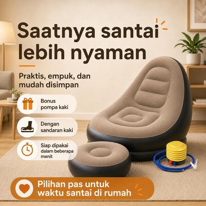Promo Free Pompa Sofa Angin Santai Kursi Santai Dengan Sandaran Kaki Sofa Tiup SingleSofa Berkemah