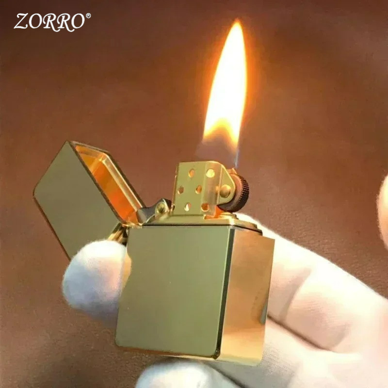 ZORRO 915 Retro High End Heavy Armor Brass Titanium Windproof Inflatable Gas Fuel Lighter 3/5 Hinge