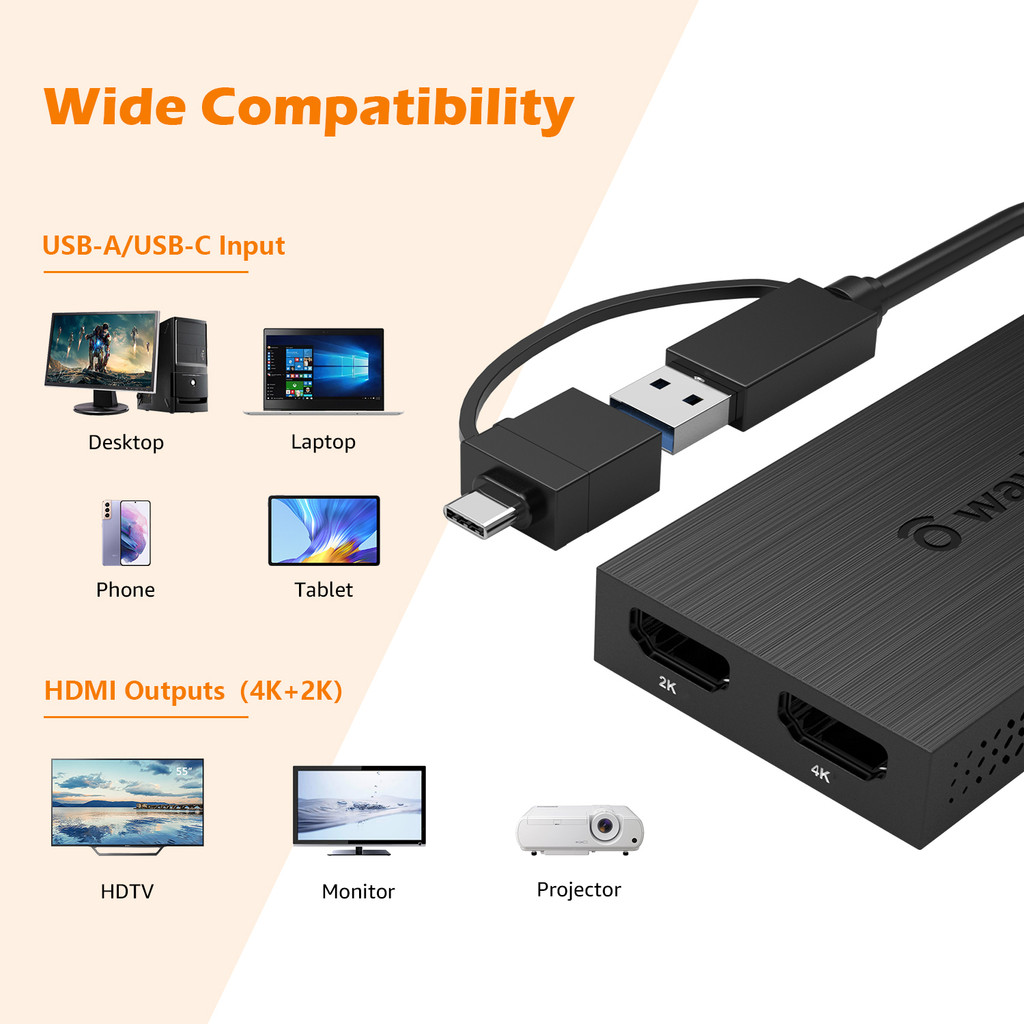 USB 3.0 to Dual HDMI 4K Video Graphic Adapter HDTV/Projector/Monitor USB C Display Adapter For
