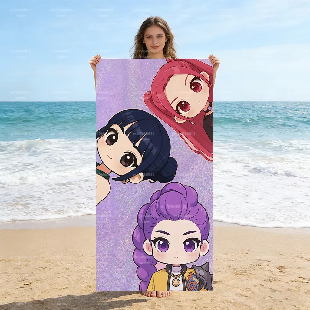 Trendy Kpop Style Chibi Girls Beach Towel Flat Print Cute Idol Microfiber Bath Towels for Fans