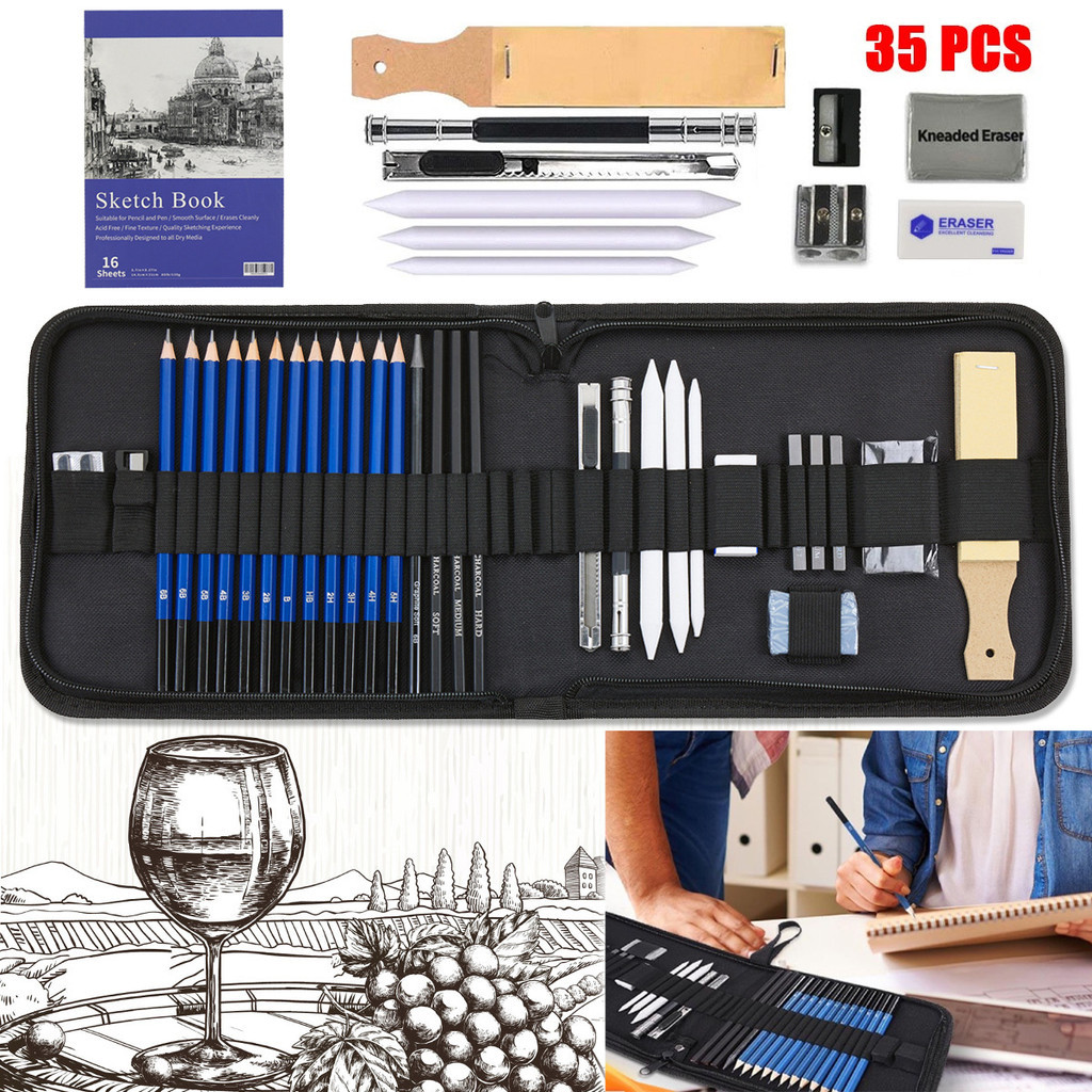PREMIUM 35 BUAH / SET SKETCH PENSIL PISAU PEMBUAT / ALAT SENI / SET PENSIL SKETSA GAMBAR / SET GAMBA