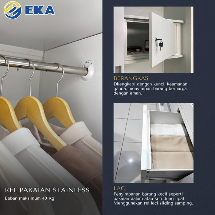 EKA Minimalis Lemari Pakaian Besi 120cm 3 Pintu Sliding Jumbo+1 Batang Rak Baju+1 Laci+Cermin