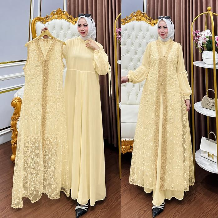 Gamis Brukat Inner + Outer Model Lepas Pasang Naura Dress Gamis Pesta Mewah Bahan Ceruty Babydoll