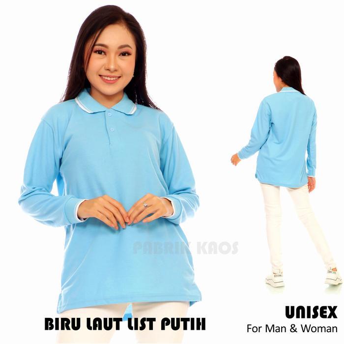 Polo Panjang Unisex Kaos Polo Panjang Unisex Biru Laut List Putih / Kaos Kerah / Poloshirt / Polo Sh
