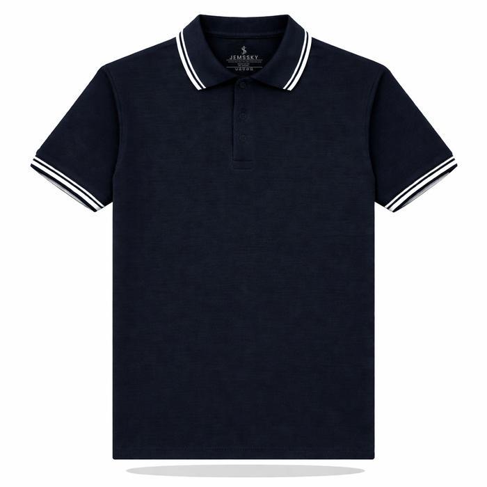 Jemssky Polo T-Shirt Kaos Polo Polos Kerah Navy List Putih Unisex Bahan PE Tekstil Nyaman Sehari-har
