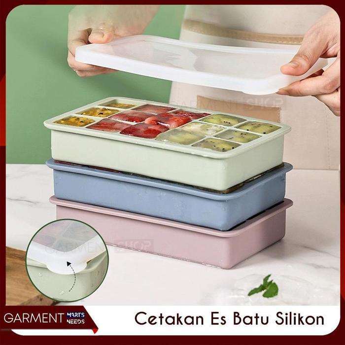 CETAKAN CUBE ES BATU SILIKON ELASTIS ICE CUP JELLY BUAH BENTUK KOTAK DENGAN WADAH PENUTUP